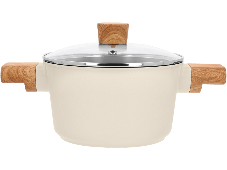 Casserole crème avec couvercle en verre et poignées en bois