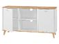 Meuble TV blanc avec détails en bois et étagères.