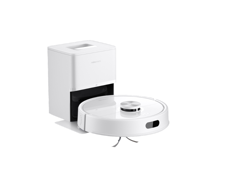 Aspirateur robot blanc avec station de vidage automatique.
