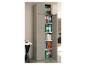 Haut meuble de bureau gris avec portes ouvertes révélant des classeurs colorés et des livres.