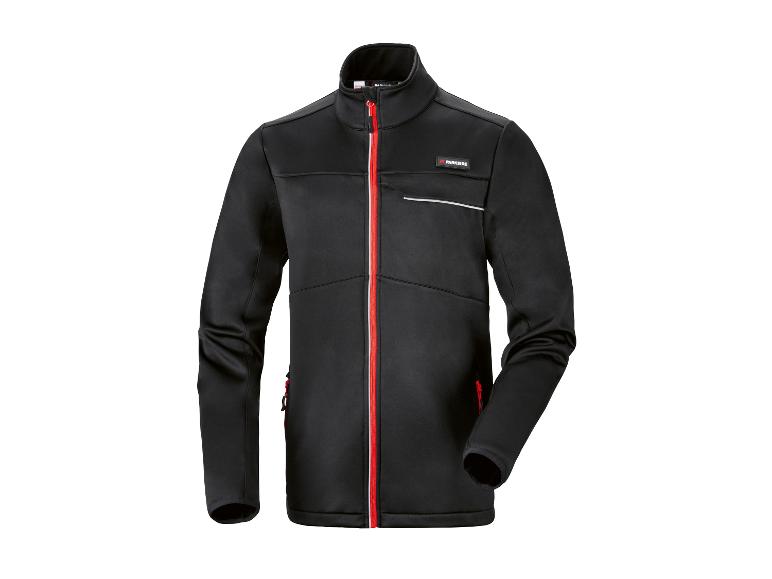 Veste softshell noire pour homme avec fermeture éclair rouge et détails réfléchissants.