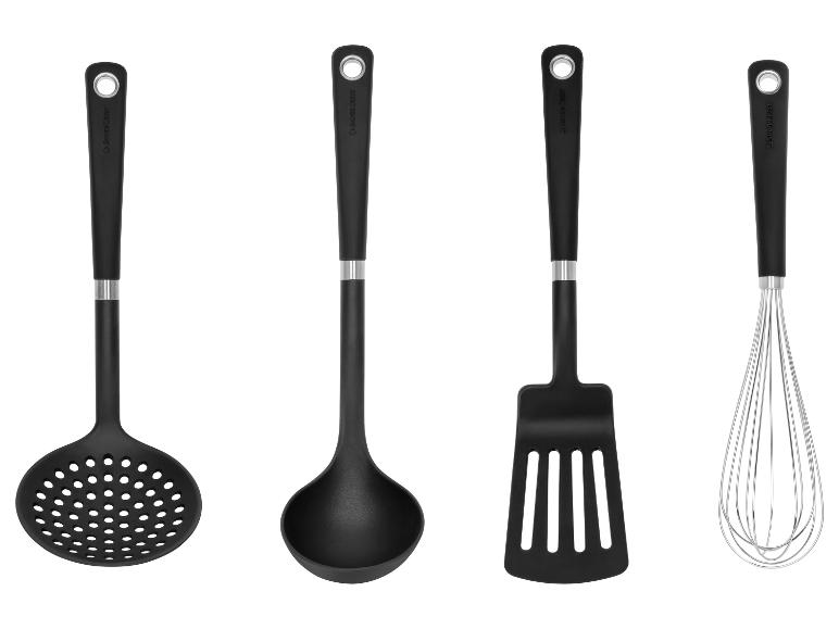 Ensemble d'ustensiles de cuisine SilverCrest : écumoire, louche, spatule et fouet.