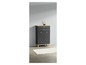 Une armoire gris foncé avec deux portes et deux tiroirs sur pieds en bois.
