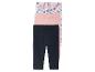 Trois leggings pour enfant : un à motifs coquillages, un rose et un bleu marine.