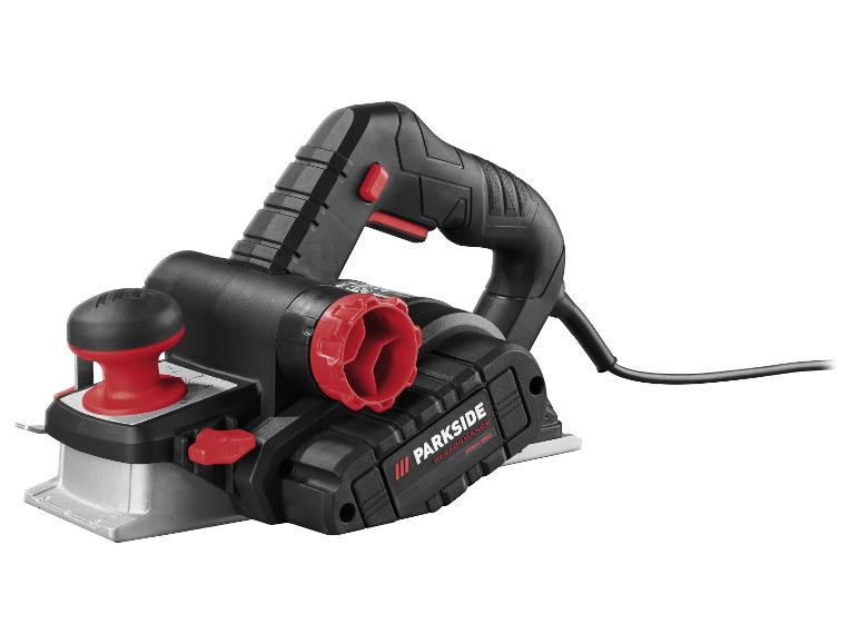 Rabot électrique avec corps noir et accents rouges, pour le travail du bois.