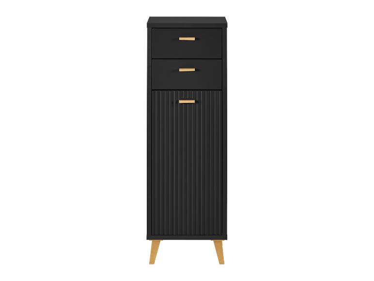 Meuble haut noir avec deux tiroirs et une porte à façade cannelée, avec poignées et pieds en bois.