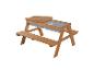 Table de pique-nique en bois pour enfants avec deux bacs de jeu intégrés et couvercles.