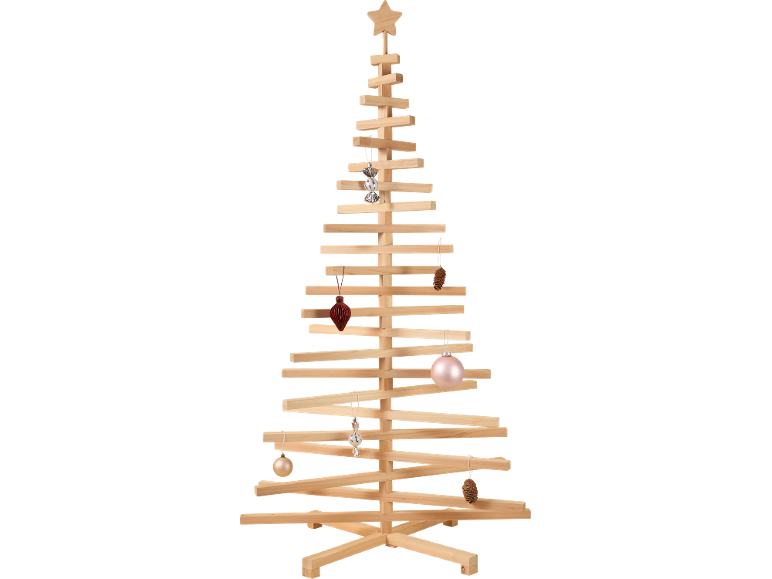 Sapin de Noël décoratif en bois avec des ornements suspendus.