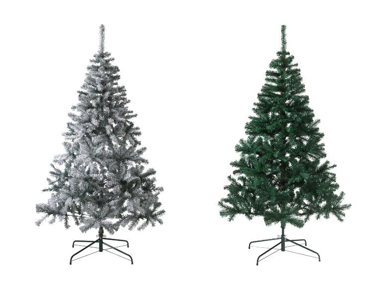 Deux sapins de Noël artificiels, un blanc et un vert.