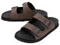 Sandales marron avec deux brides et boucles noires, semelle noire.