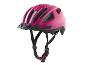 Casque de vélo rose avec visière noire et sangles réglables.