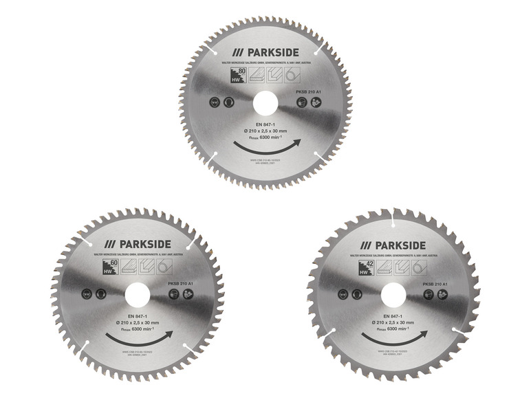 Trois lames de scie circulaire Parkside pour bois, d'un diamètre de 210 mm.