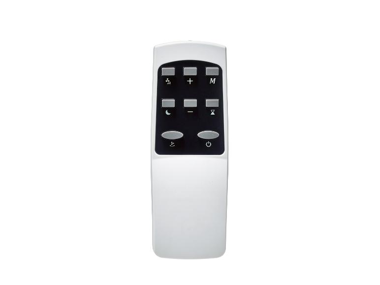 Télécommande blanche avec boutons noirs pour ventilateur, mode, minuterie et alimentation.