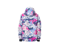 Veste de ski pour femme avec motif abstrait rose, bleu et blanc, vue de dos.