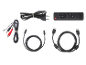 Télécommande, câble d'alimentation, câble RCA, câble optique et câble HDMI.