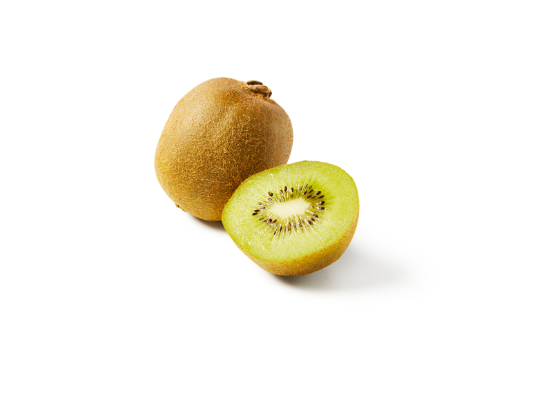 Un kiwi entier et un coupé en deux, montrant la chair verte et les graines noires.