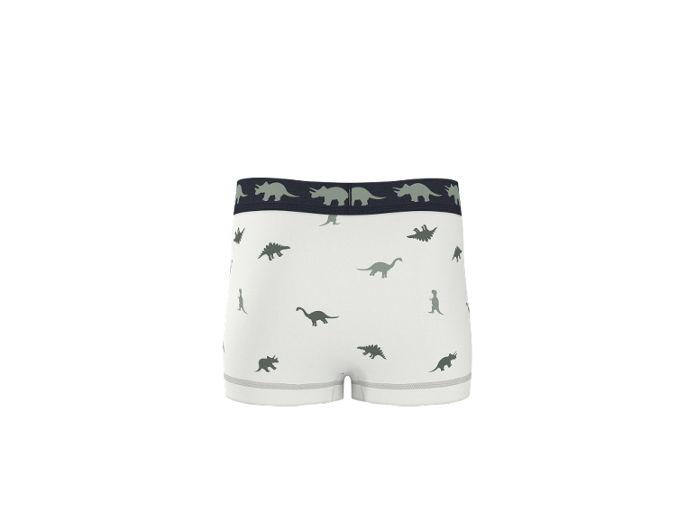 Boxers blancs pour enfants avec imprimé dinosaures verts et ceinture élastique foncée.