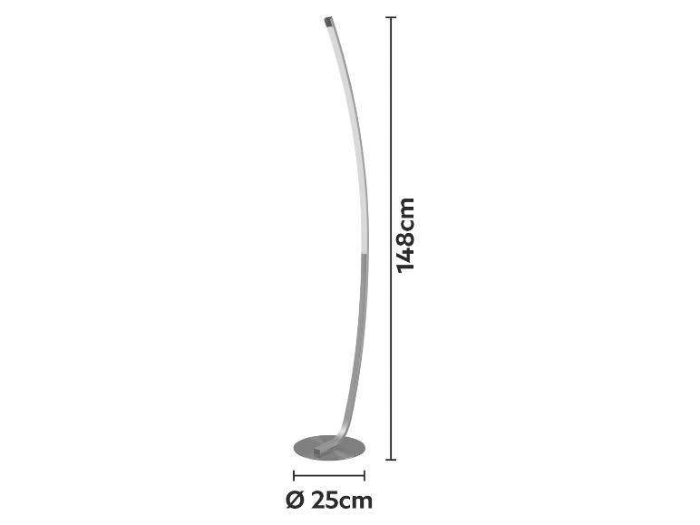 Lampadaire LED incurvé, 148 cm de haut, avec une base de 25 cm de diamètre.