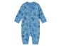 Une grenouillère bleue pour bébé avec un imprimé de dinosaures endormis et d'étoiles.