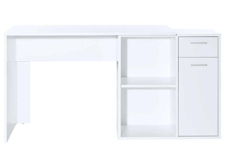 Bureau blanc en forme de L, avec deux tiroirs et une étagère ouverte.