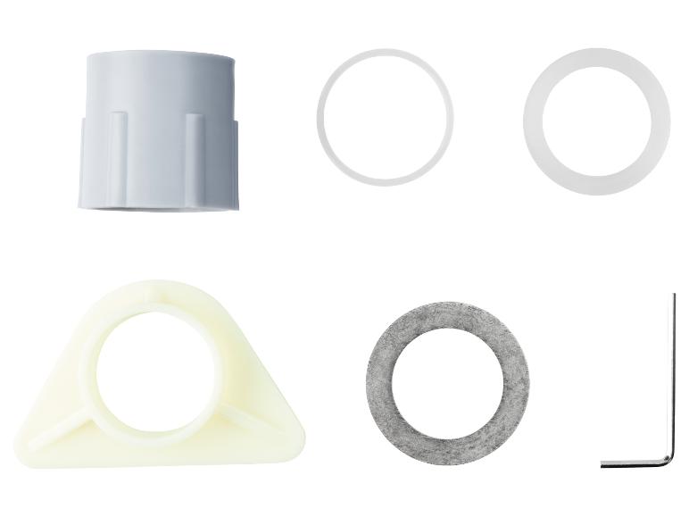 Pièces de rechange pour une machine à café : composants en plastique, joints et un outil.