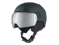 Casque de ski gris avec visière miroir et sangles ajustables.
