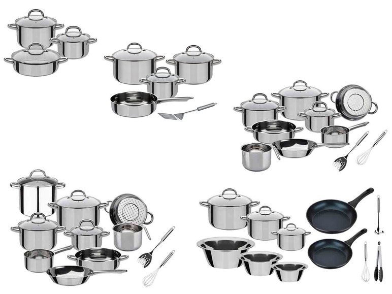 Un assortiment de casseroles et de poêles avec accessoires.