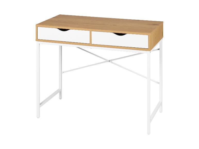 Bureau en bois clair avec deux tiroirs blancs et un cadre en métal blanc