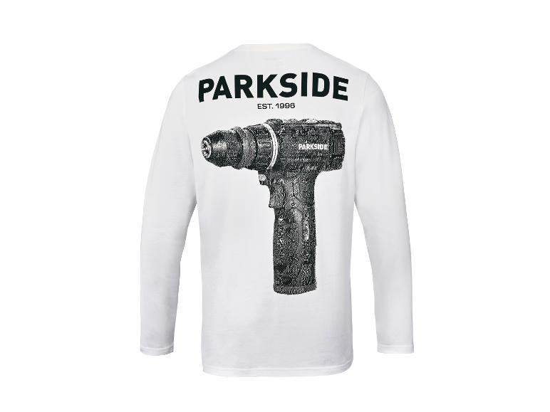 T-shirt blanc à manches longues pour homme avec impression de perceuse au dos