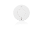 Détecteur de fumée rond blanc avec indicateur LED et grille de haut-parleur.