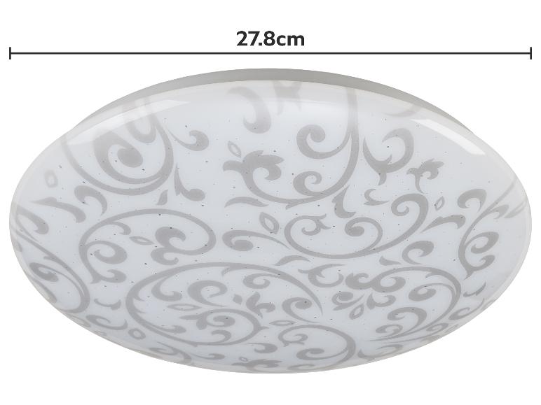 Plafonnier rond avec motif décoratif gris en spirale, mesurant 27,8 cm.