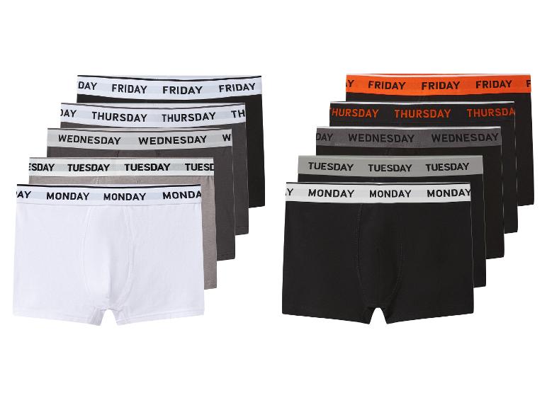 Lot de 7 boxers pour hommes avec les jours de la semaine sur la ceinture, en blanc, gris et noir.