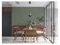 Salle à manger moderne avec table en bois, chaises et mur d'accent vert à motifs.