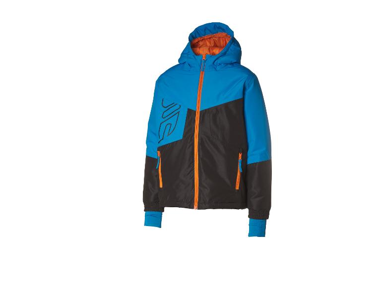 Veste de ski pour enfants avec capuche, en bleu et noir, avec le logo JBC.