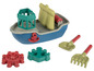 Un bateau de sable bleu avec une pelle, un râteau et des moules à sable en forme d'ancres et d'un volant.