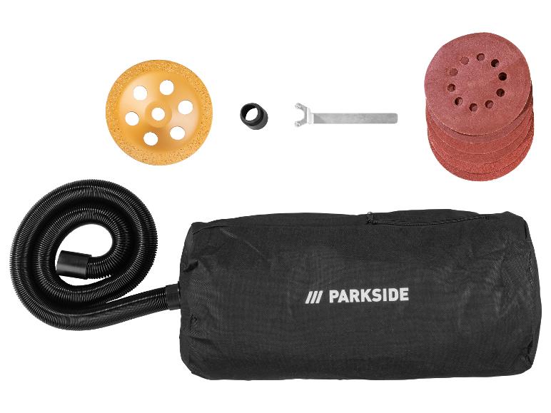 Accessoires Parkside pour ponceuse : disque diamant, papier abrasif, sac à poussière et tuyau.