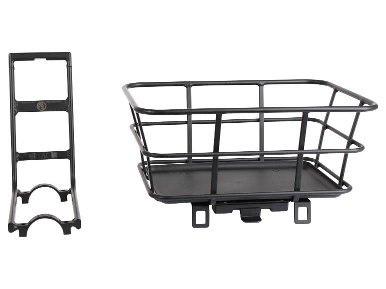 Panier de vélo en métal noir et support de montage.