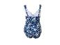 Maillot de bain une pièce femme à motif abstrait bleu et blanc, vue de dos