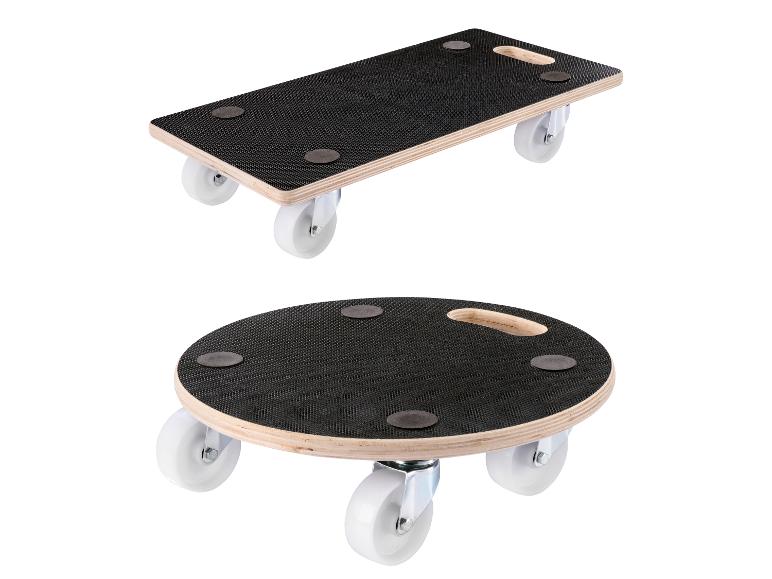 Deux chariots de déménagement: un rectangulaire et un rond, tous deux avec roues et surface antidérapante.