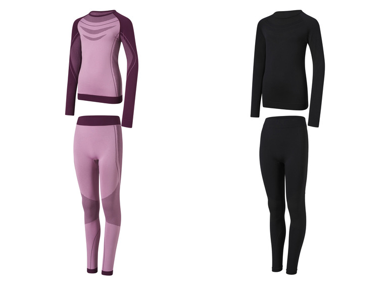 Deux ensembles de sous-vêtements thermiques, un rose et un noir.