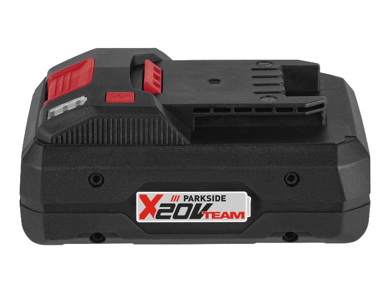 Batterie noire Parkside X 20V Team avec accents rouges et indicateur de charge.