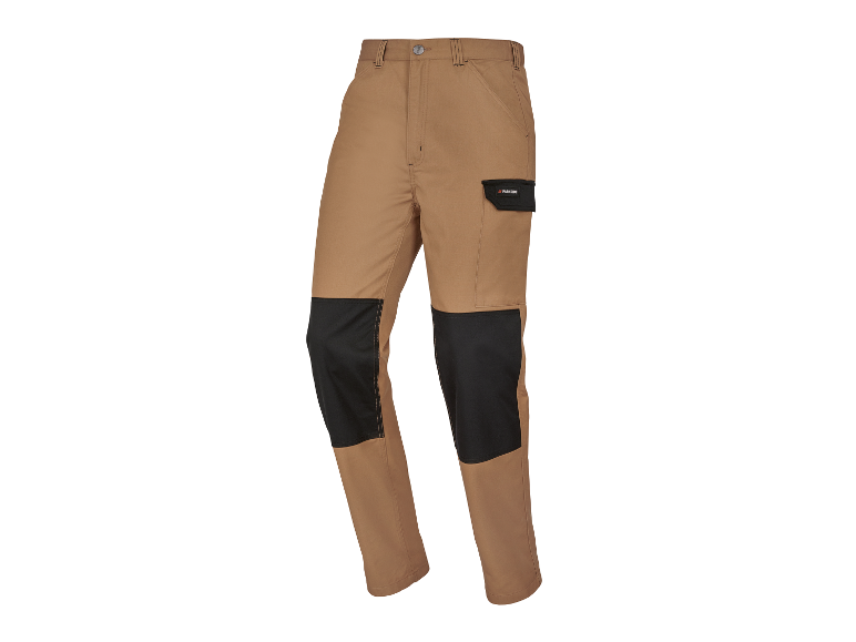 Pantalon de travail Parkside beige avec renforts noirs aux genoux.