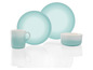 Une tasse, un bol et deux assiettes bleues.