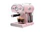 Machine à expresso rose rétro avec deux tasses d'expresso sous le bec.