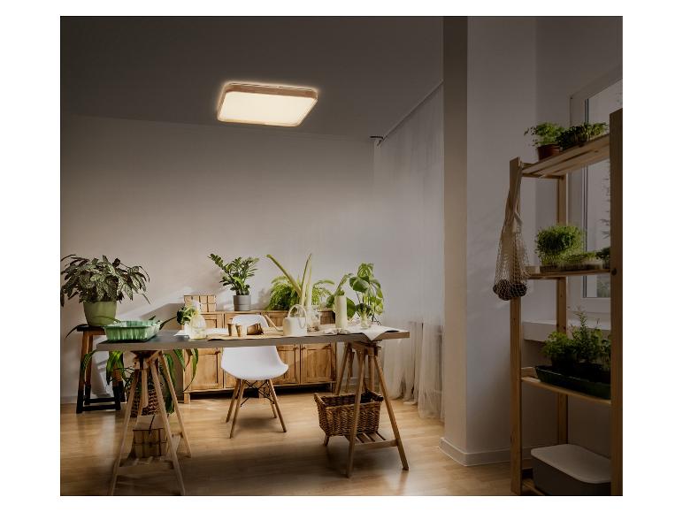 Plafonnier LED en bois éclairant une pièce avec des plantes et des meubles en bois.
