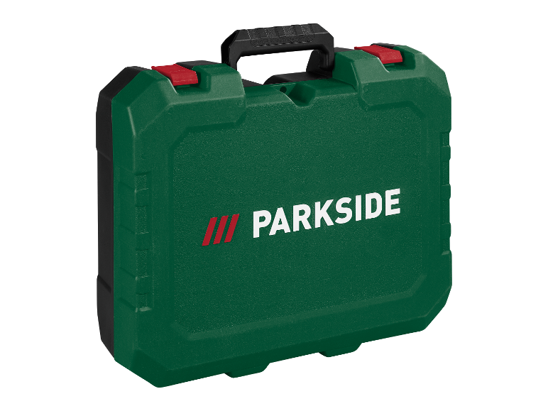 Boîte à outils verte Parkside avec poignée.