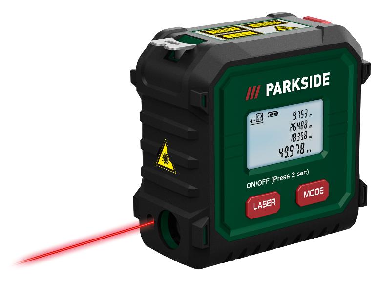 Télémètre laser numérique avec un écran affichant diverses mesures et boutons de commande.