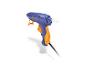 Pistolet à colle chaude bleu et orange avec bâton de colle et câble d'alimentation.