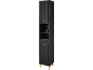 Meuble colonne de salle de bain noir avec portes cannelées et pieds en bois
