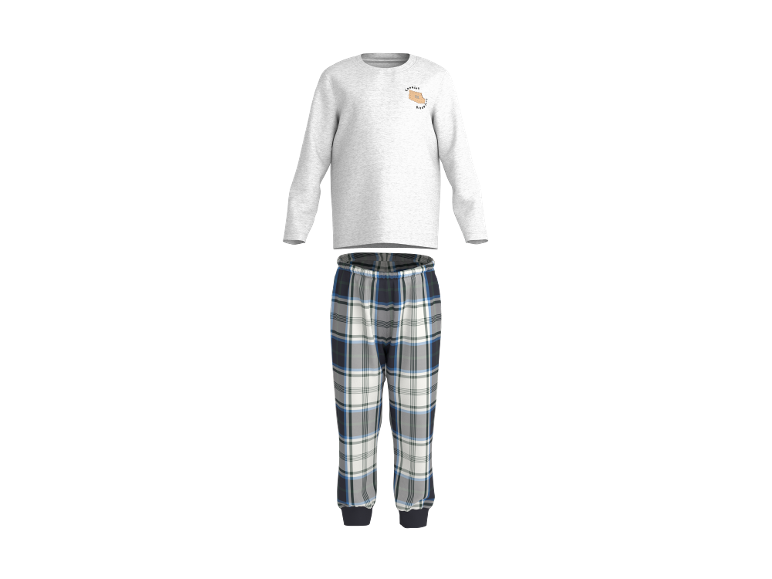 Pyjama homme : haut gris clair à manches longues avec imprimé « Cookies for Breakfast » et pantalon à carreaux.